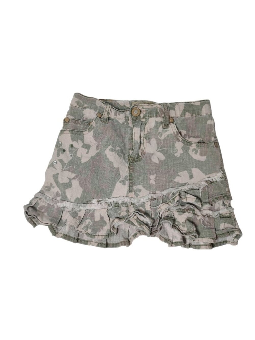 Mudd Y2K Girls Camo Butterfly Ruffle Skirt 7 Beige Green Bling